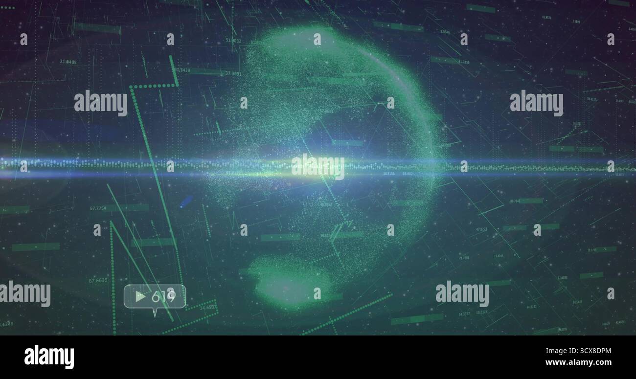 Anzeige holografischer Daten-Cluster, die die Kurve auf dem Bildschirm kreuzen, mit Raster und numerischen Datenmarkierungen Stockfoto