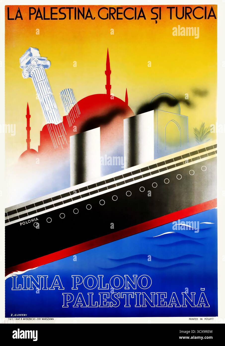 Ein prächtiges Reiseplakat aus dem Jahr 1934 für Kreuzfahrtschiffe nach Palästina, Griechenland und in die Türkei Stockfoto