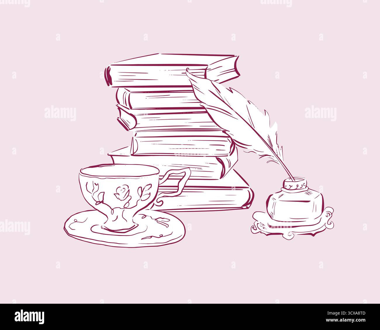 Stapel von Vintage-Büchern mit Tintenfass, Pinsel und Teetasse in skurriler, schnell skizzierter Strichkunst. Vektor-Illustration für Bücherdekor, Lesemusik Stock Vektor