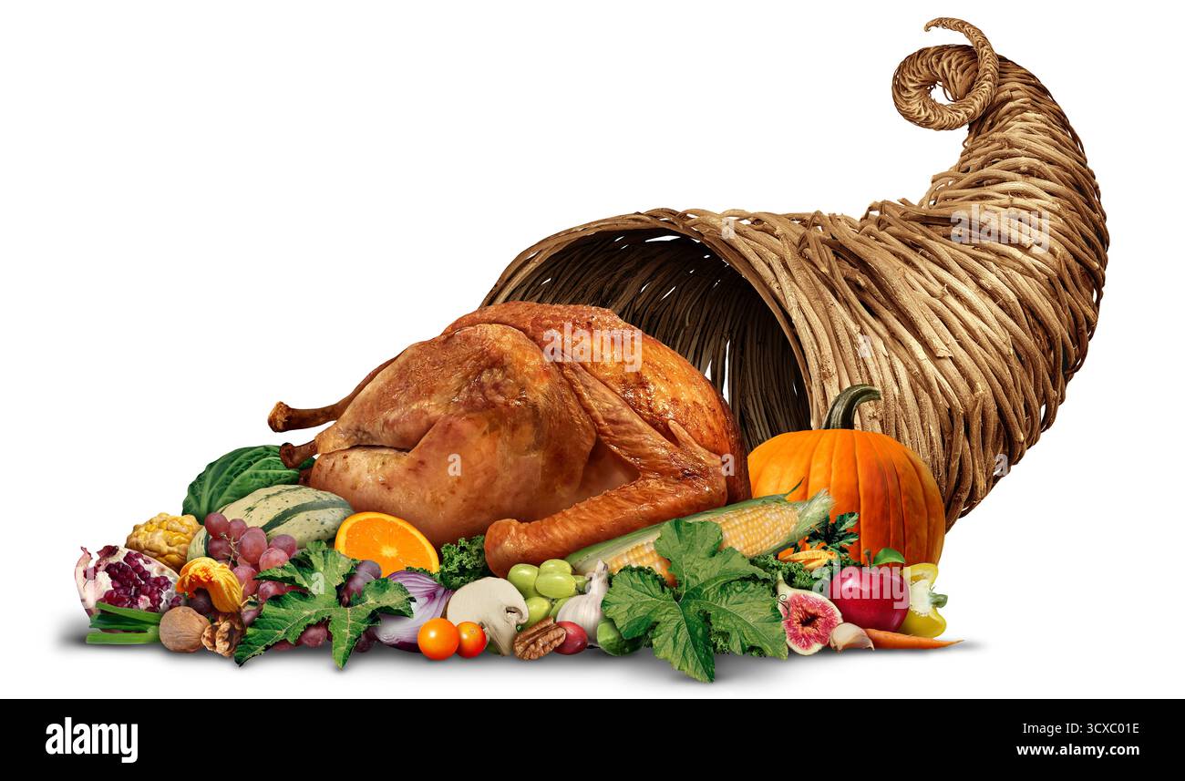 Thanksgiving Truthahn Cornucopia geröstete Truthahn als ein Horn von reichlich traditionellem herbstlichem üppigem Abendessen während der Erntezeit mit einer Weihnachtsbutter gebadet Stockfoto