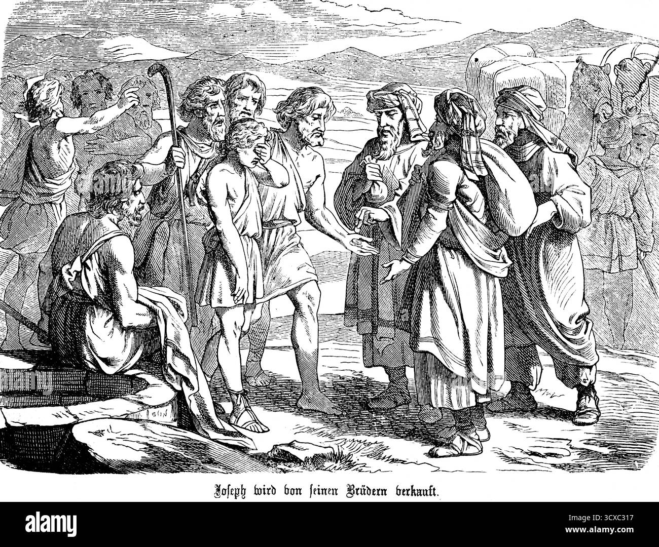 Joseph wird von seinen Brüdern für 20 Silberstücke an die vorbeiziehenden Ismaeliten verkauft, Joseph, Handel, Tauschhandel, Lüge, Gruppe, Begegnung, Falschheit, Täuschung, Auto Stockfoto