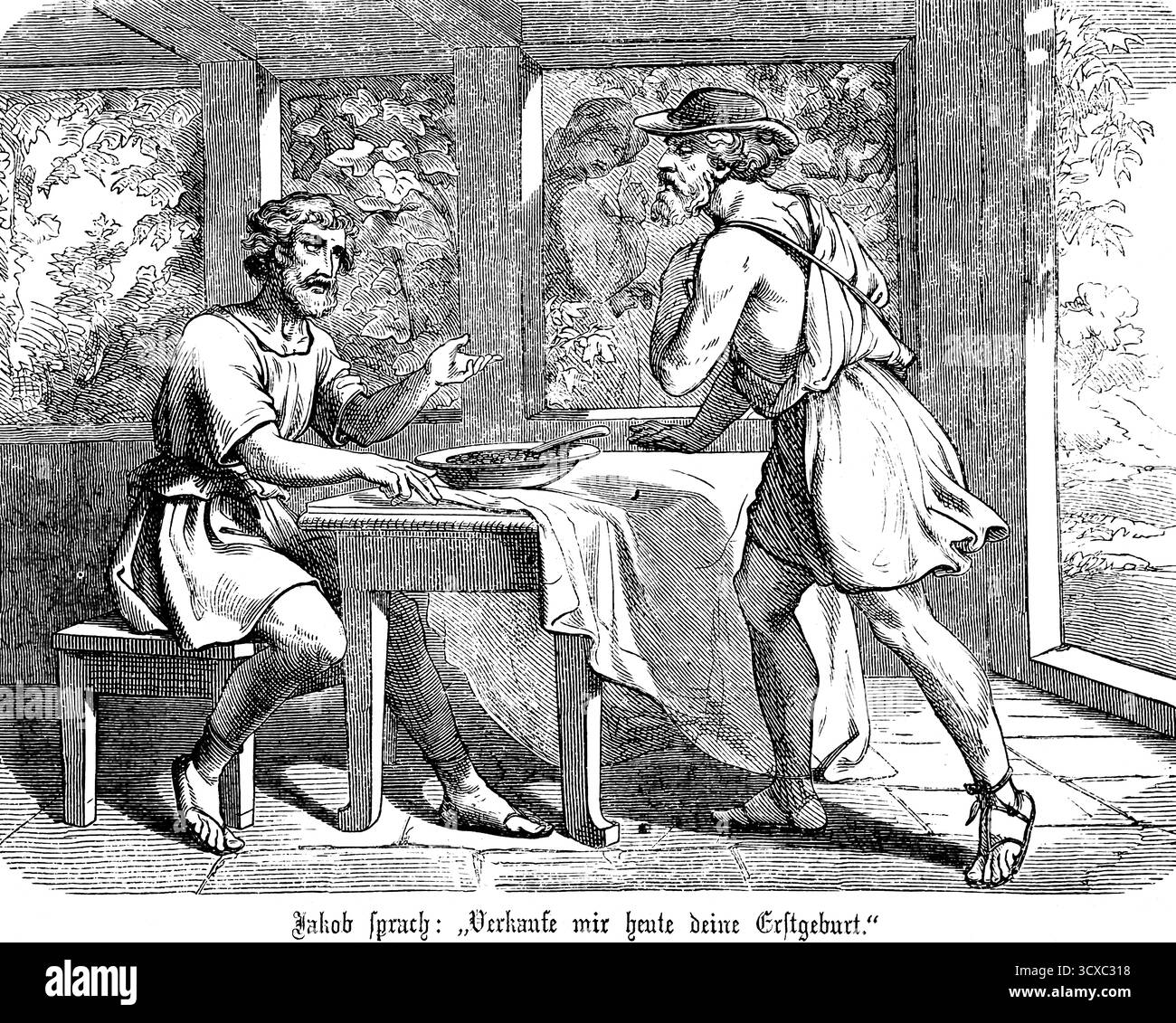 Jakob spricht mit Esau, verkaufe mir deinen Erstgeborenen, sterbe, Geburtsrecht, alter Mann, Kind, Handel, Tisch, Laube, Genesis, Kapitel 26, Genesis, Altes Testament, Bibl Stockfoto