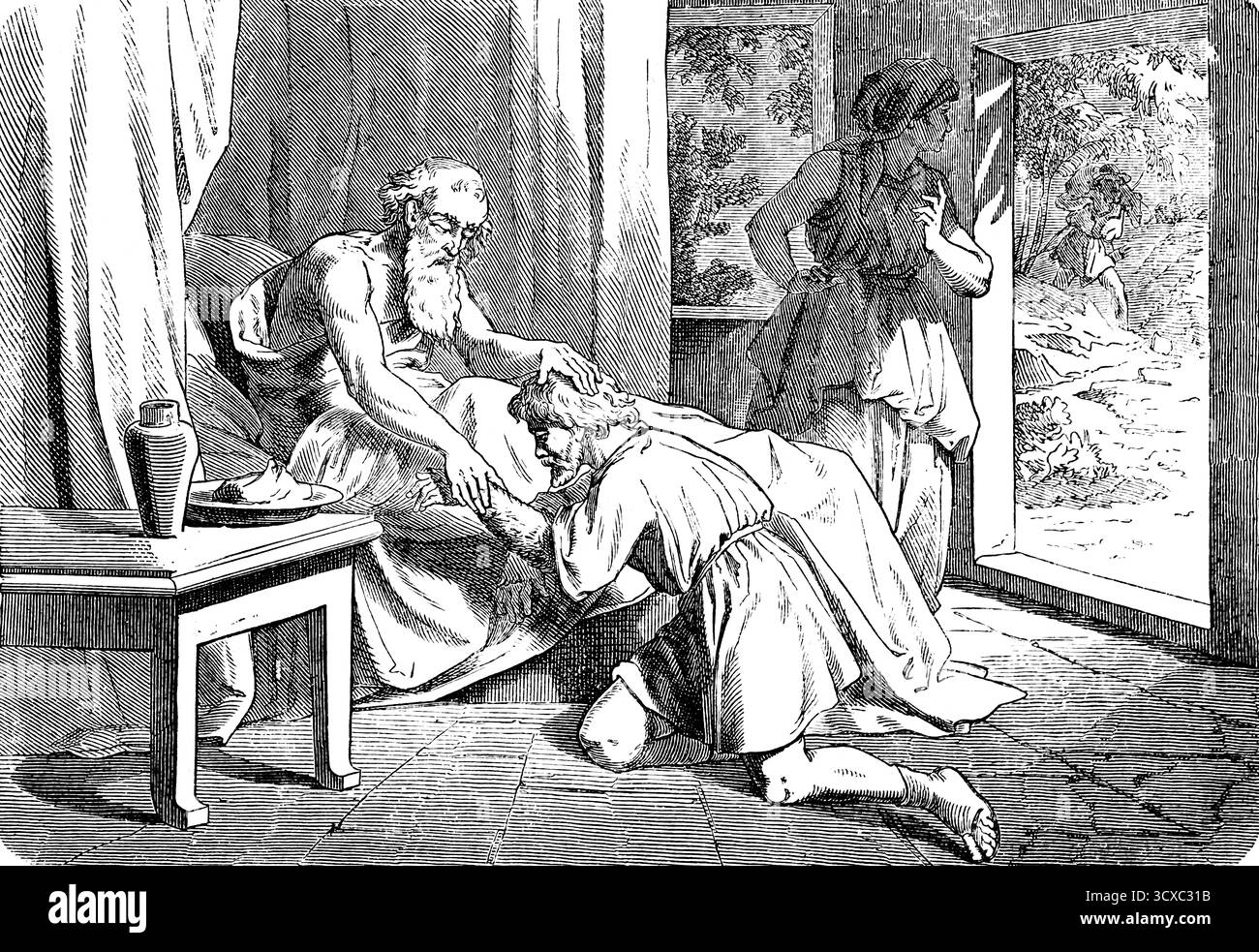 Isaak segnet Jakob, Esau im Hintergrund, Täuschung, falsche Stimme, Hand, Lüge, Sohn, Innenraum, Bett, Tisch, Knie runter, Genesis, Kapitel 27, GE Stockfoto