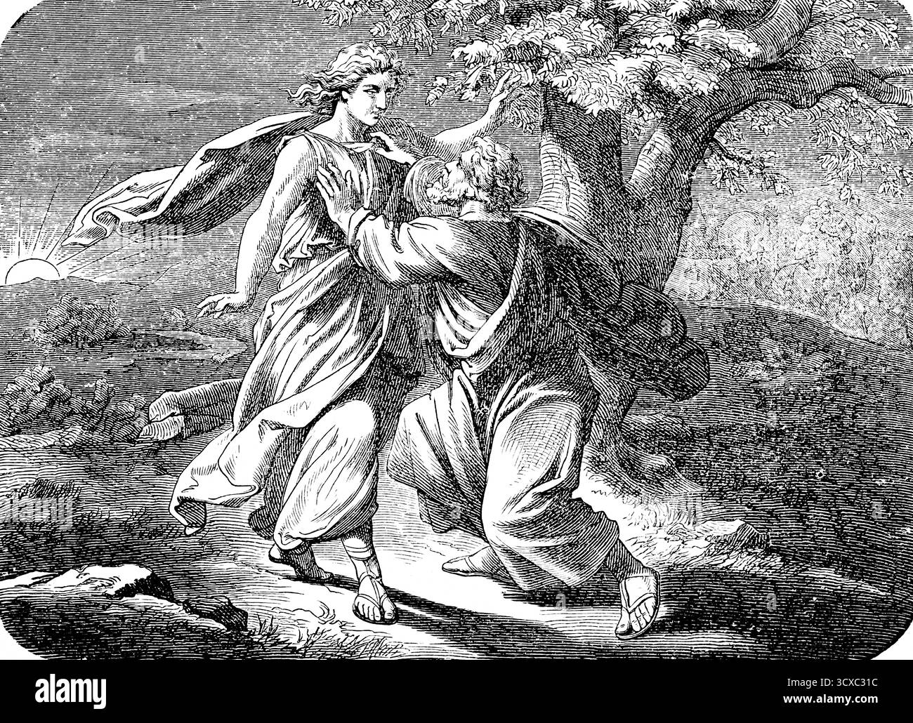 Jakobs Kampf mit einem Fremden, dem Herrn, dauert bis zum Morgengrauen, Gott, aufgehende Sonne, Landschaft, Licht, Genesis, Kapitel 32, Genesis, altes Testament, Bibel, seins Stockfoto