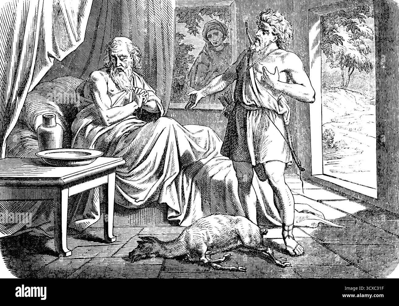 Isaak erkennt Esaus Täuschung an und ist entsetzt über alle Maßen: Jakob, der Jäger am Bett seines Vaters, Bogen und Pfeil, Täuschung, Wissen, Truck Stockfoto