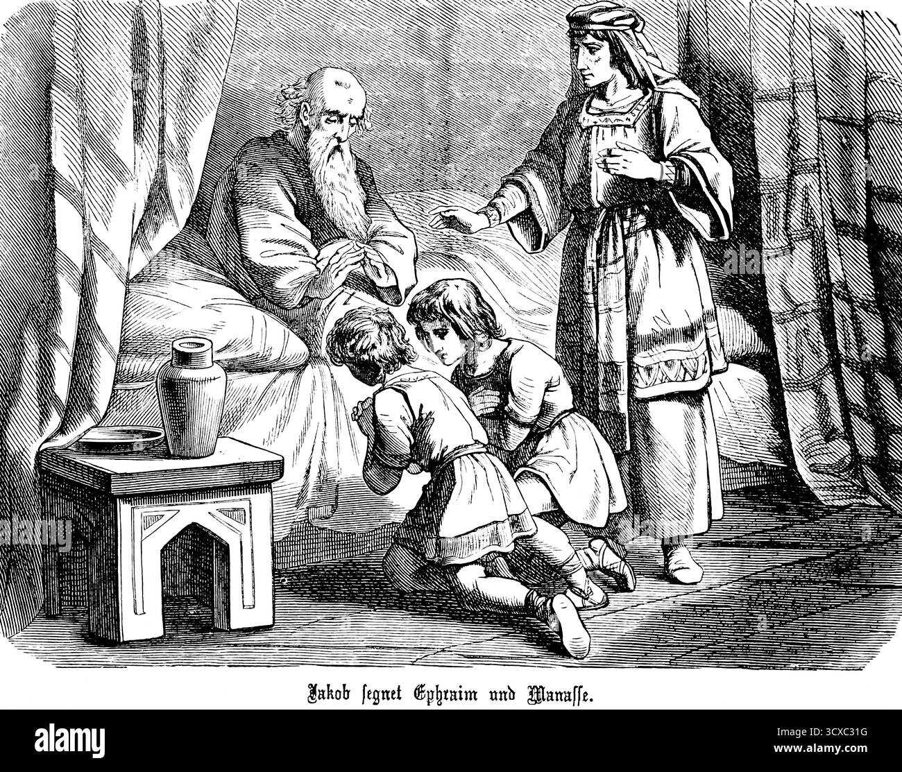 Jakob segnet Ephraim und Manses, christlicher Segen, Gott, betend, kniend, Zimmer, Bett, Kinder, Frau, Genesis, Kapitel 49, Genesis, Altes Testament Stockfoto