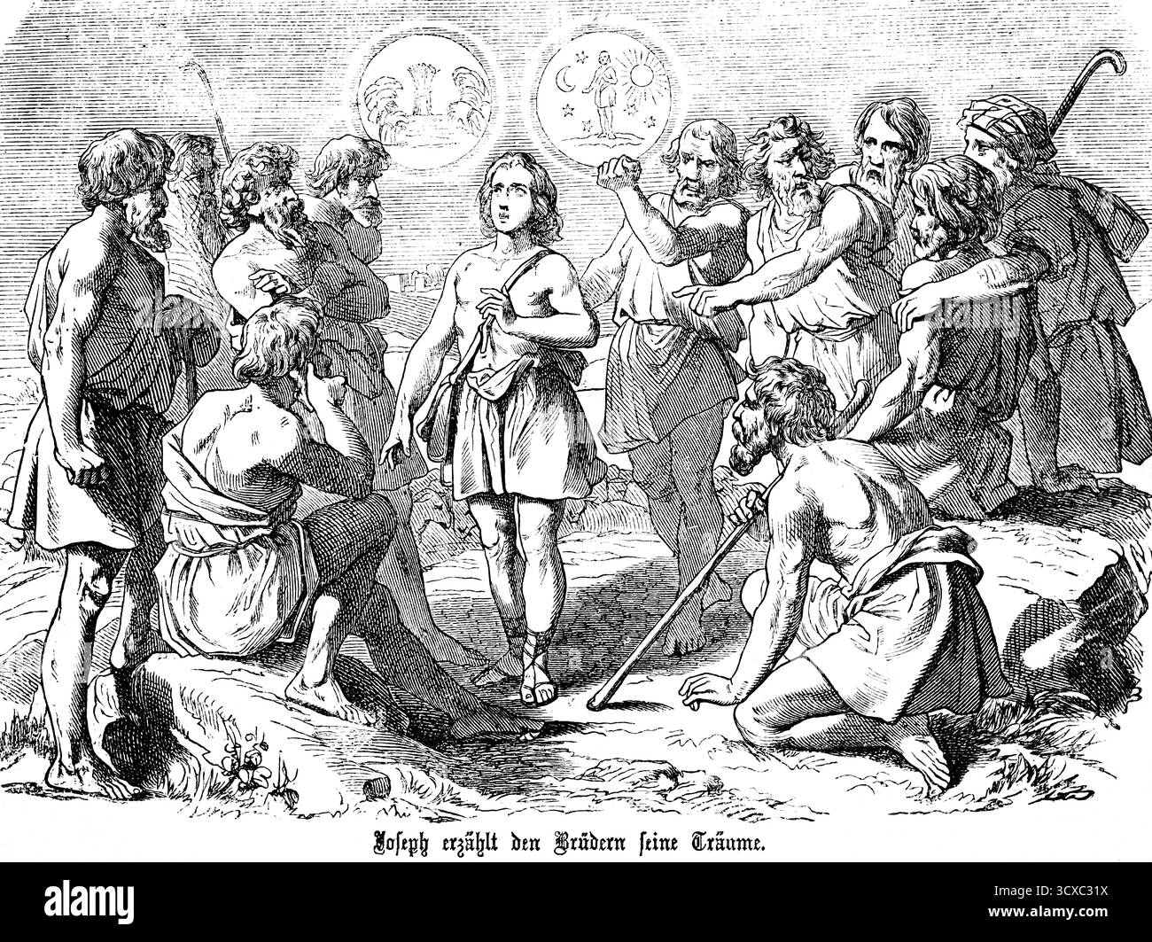 Joseph erzählt den wütenden Brüdern seine Träume von Garben auf dem Feld, Feinden, Joseph, Zorn, Wut, Wut, Traum, Unglauben, Landwirtschaft, Felder, Sonnenmond, Stern Stockfoto