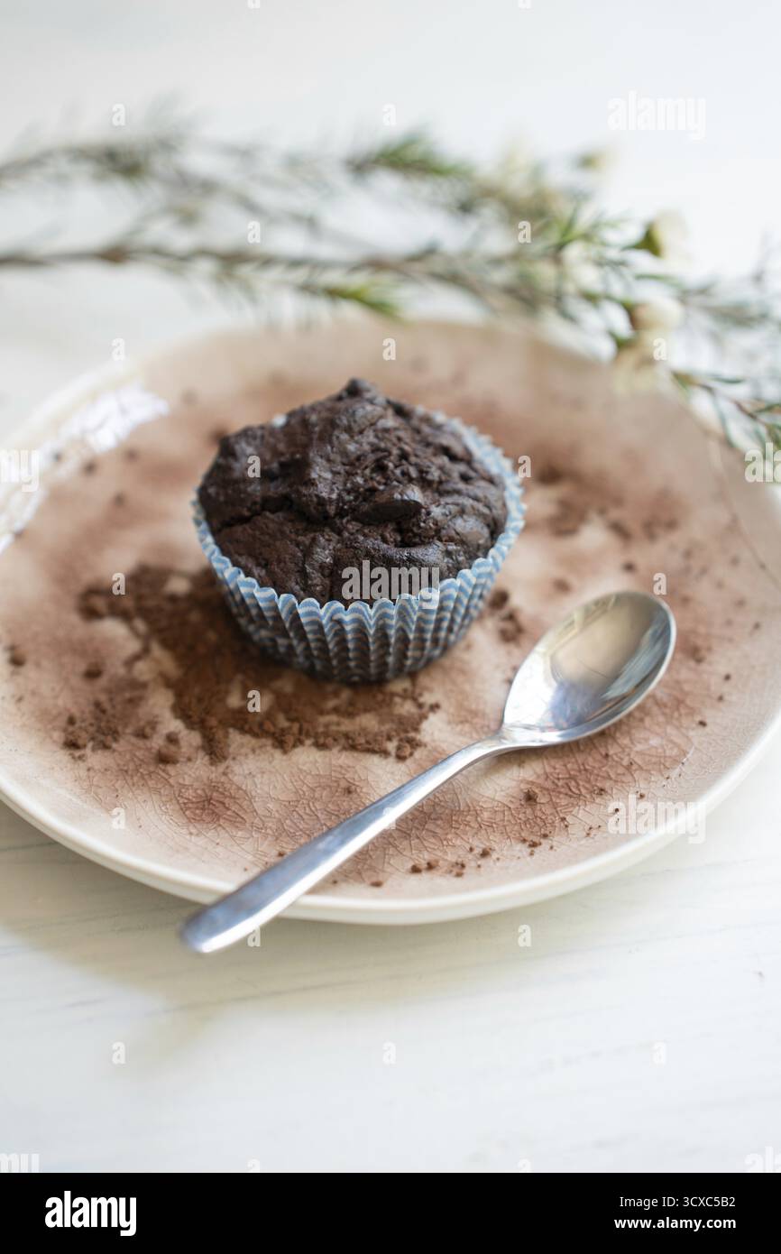 Schokoladenmuffin auf einem rosafarbenen Teller mit weißem Hintergrund Stockfoto