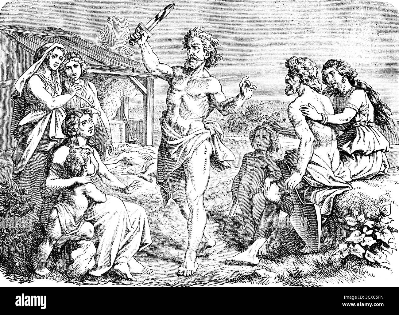 Lamechs Schwert Lied oder Lamechs Lied, erstes Buch Moses, Kapitel 5, Genesis, Lied, Tanz, Publikum, Kind, Frau, Mann, Hütte, Feuer, Landschaft, altes Testa Stockfoto