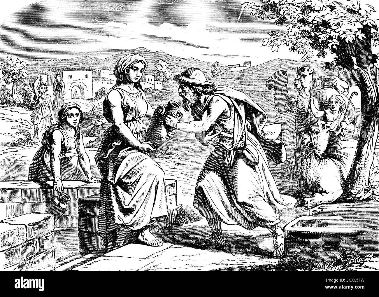 Der tugendhafte Rebekah und Eliezer, Diener Abrahams, am Brunnen Nahor, großzügiger Charakter, Hilfe, Wasserkrug, Ehe, Landschaft, Häuser, Bewässerung Stockfoto
