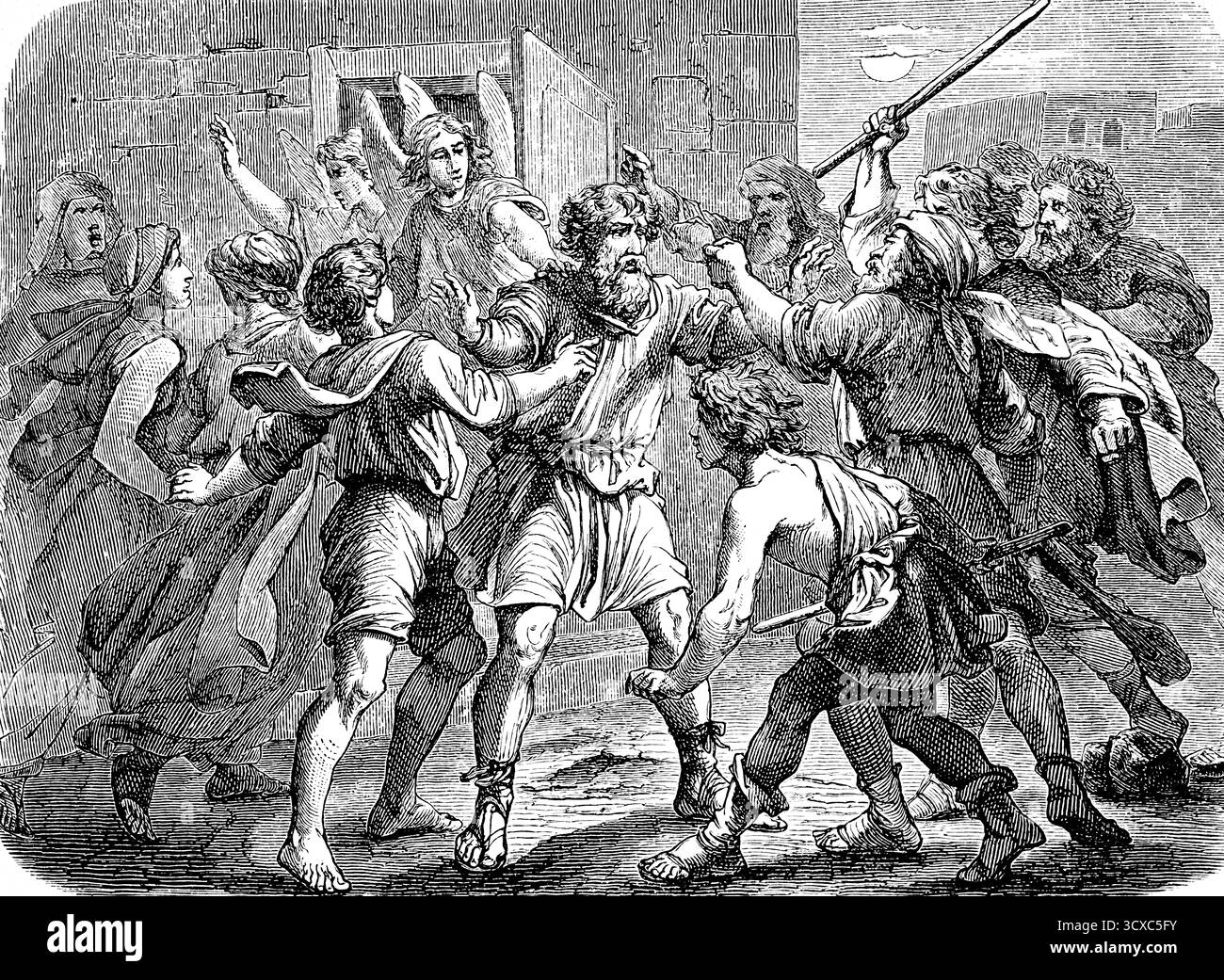 Die Eidammers wollen Lots Töchter mit Gewalt nehmen, Lot verteidigt sich, greift an, kämpft, verwirrt, Stock, Engel, erstes Buch Moses, Kapitel 19, Gene Stockfoto