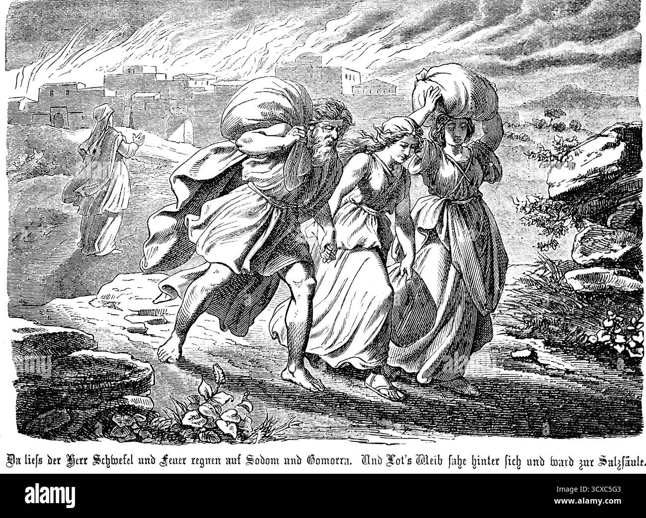 Gott regnet Schwefel und Feuer auf Sodom und Gomorra, Lot flieht, seine Frau Sahra blickt zurück und friert zu einer Säule aus Salz, Sünde, Stadt, Brand, d Stockfoto