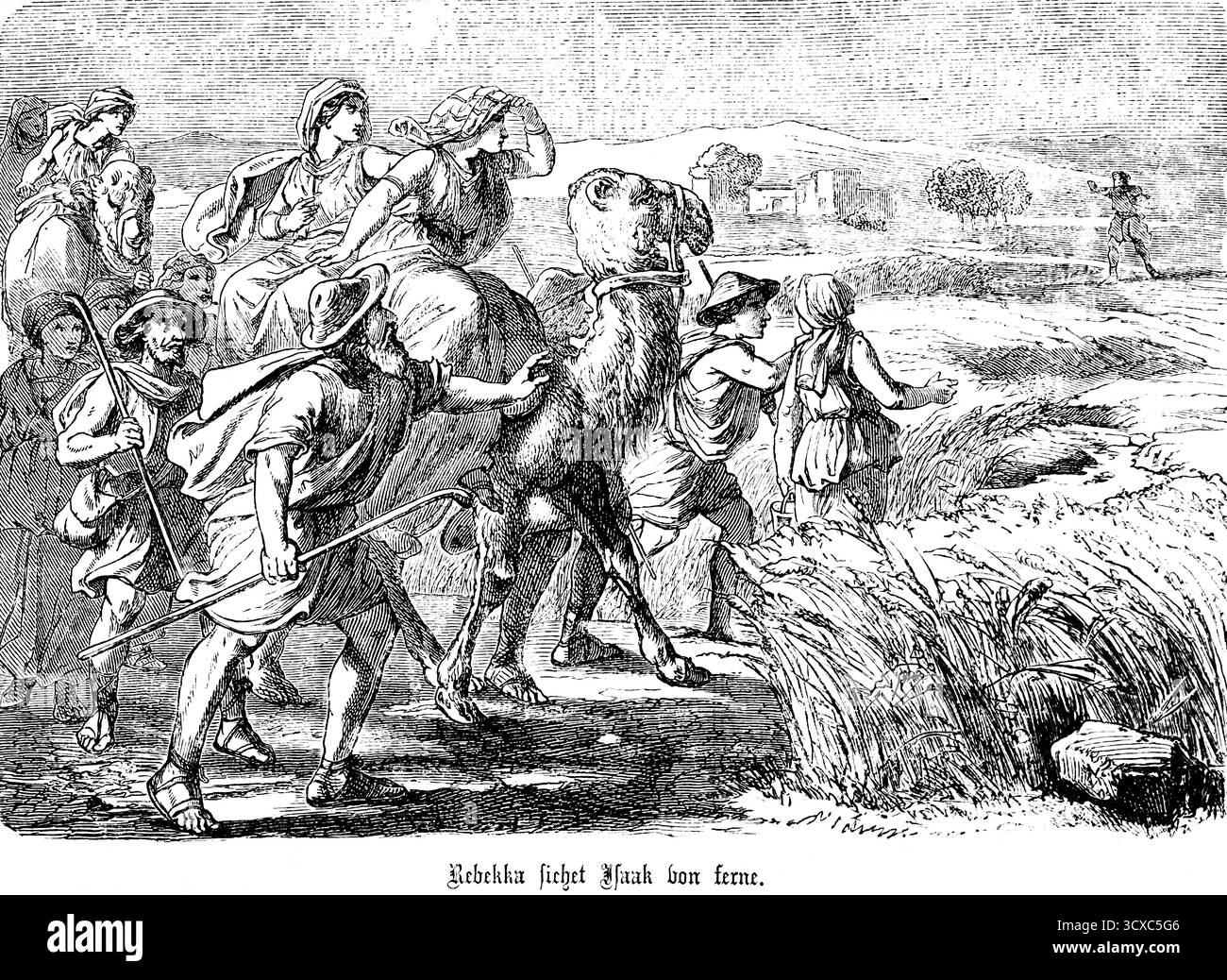 Rebekah sieht Isaak in der Ferne, Landwirtschaft, Felder, Gruppe, Kamel, Reiter, Maisfeld, Freunde, Ehe, erstes Buch der Genesis, Kapitel 18, Genesis Stockfoto