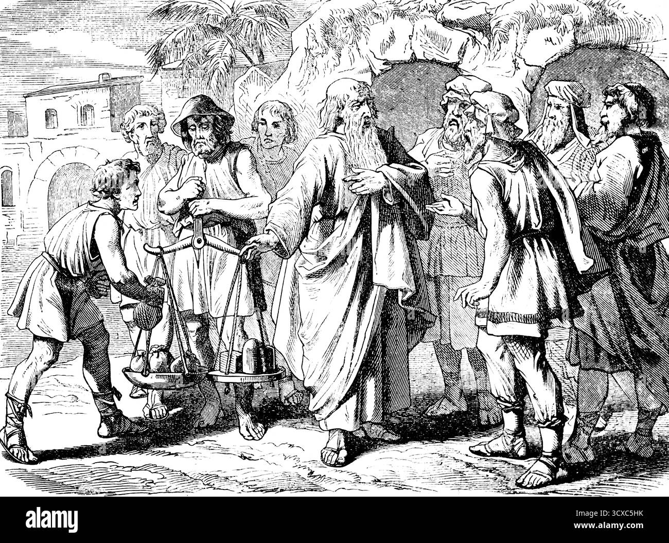 Abrahams Frau Sarah stirbt mit 127, er kauft ihr ein Erbe, Stadttor, Gruppe, Händler, Waagen, Gold, Geld, Handel, Genesis, Kapitel 18, Genesis, O Stockfoto