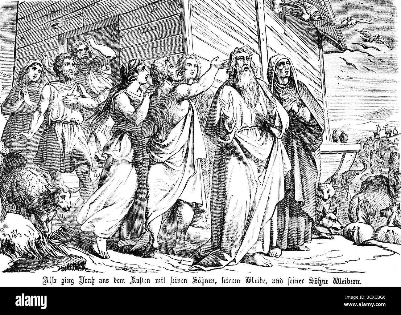 1. Buch Moses, Kapitel 9, Genesis, nach der Flut verlässt Noah die Arche mit seinen Söhnen und Frauen, Tieren, Altem Testament, Bibel, historischer Illusion Stockfoto
