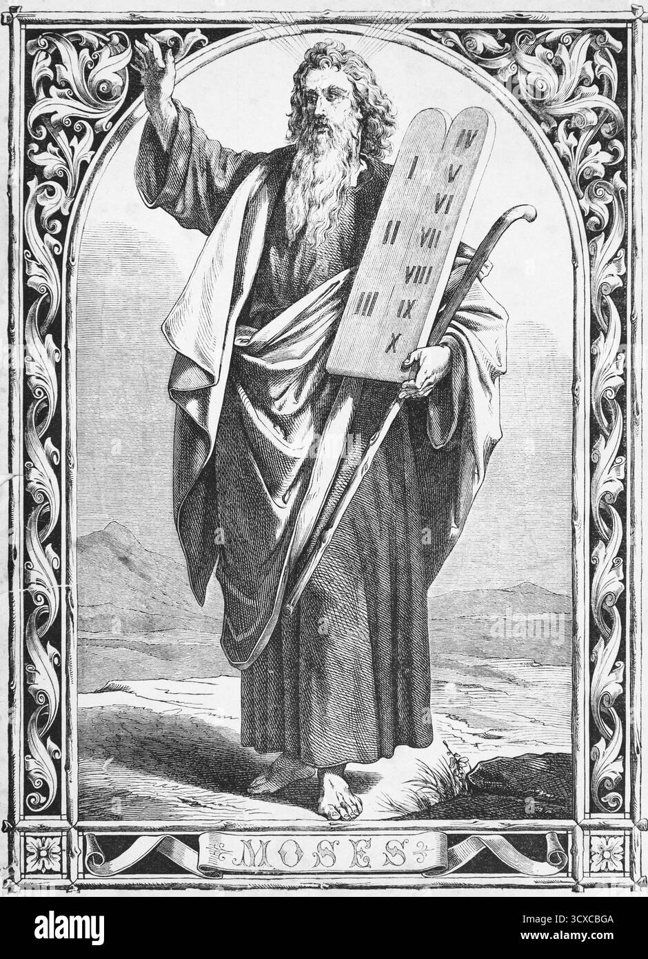 Exodus, zweites Buch Mose, Mose mit den Gesetztafeln der Bundeslade, zehn Gebote auf zwei Steintafeln, Bergwelt, sti Stockfoto