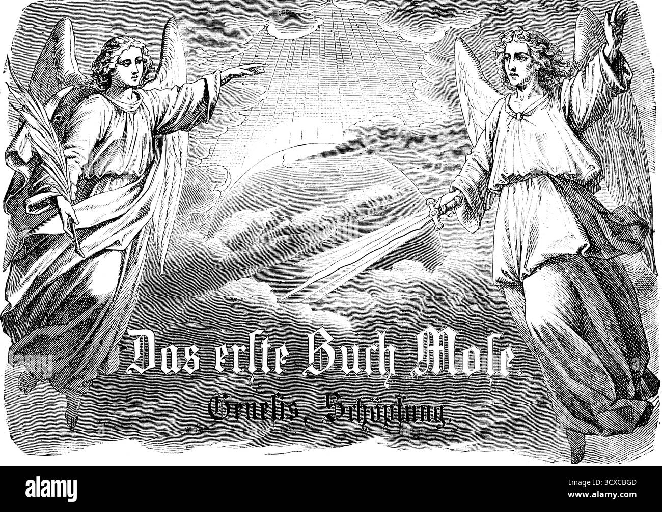 Das erste Buch Moses, Genesis, Schöpfungsgeschichte, zwei Engel mit Schwert und Palmenzweig, die über Wolken schweben, Sonnenstrahlen, Globus, am Anfang erschaffe Gott Stockfoto