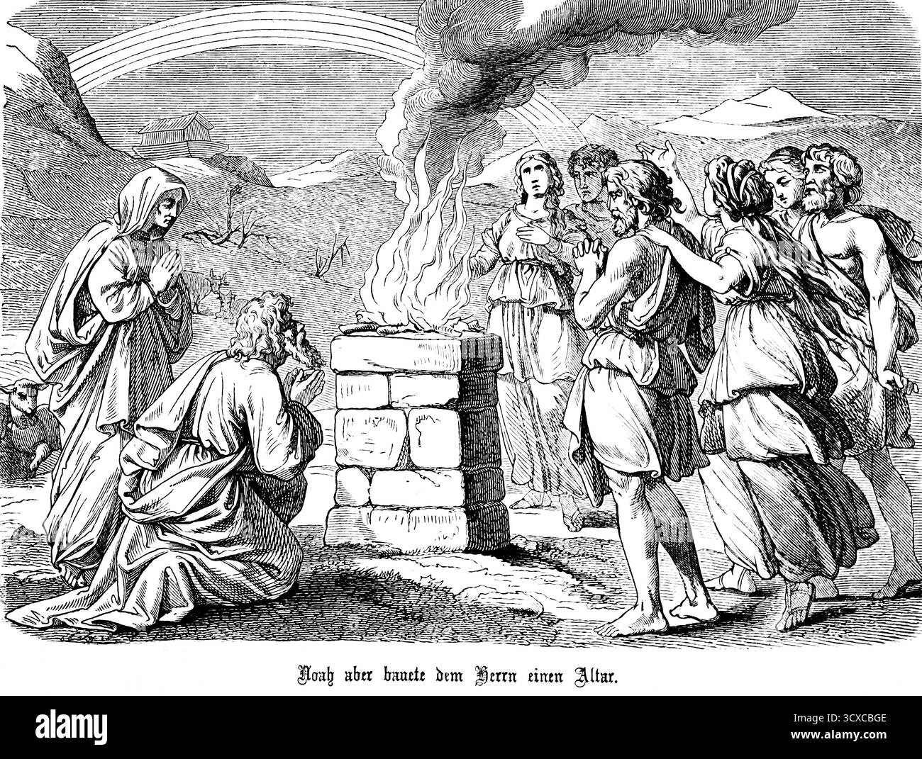 1. Buch Genesis, Kapitel 9, Genesis, Noah baut einen Altar für Gott, Feuer, Gebete, Noahs Kinder, Männer und Frauen, regenbogen, Arche, altes Testament, BI Stockfoto