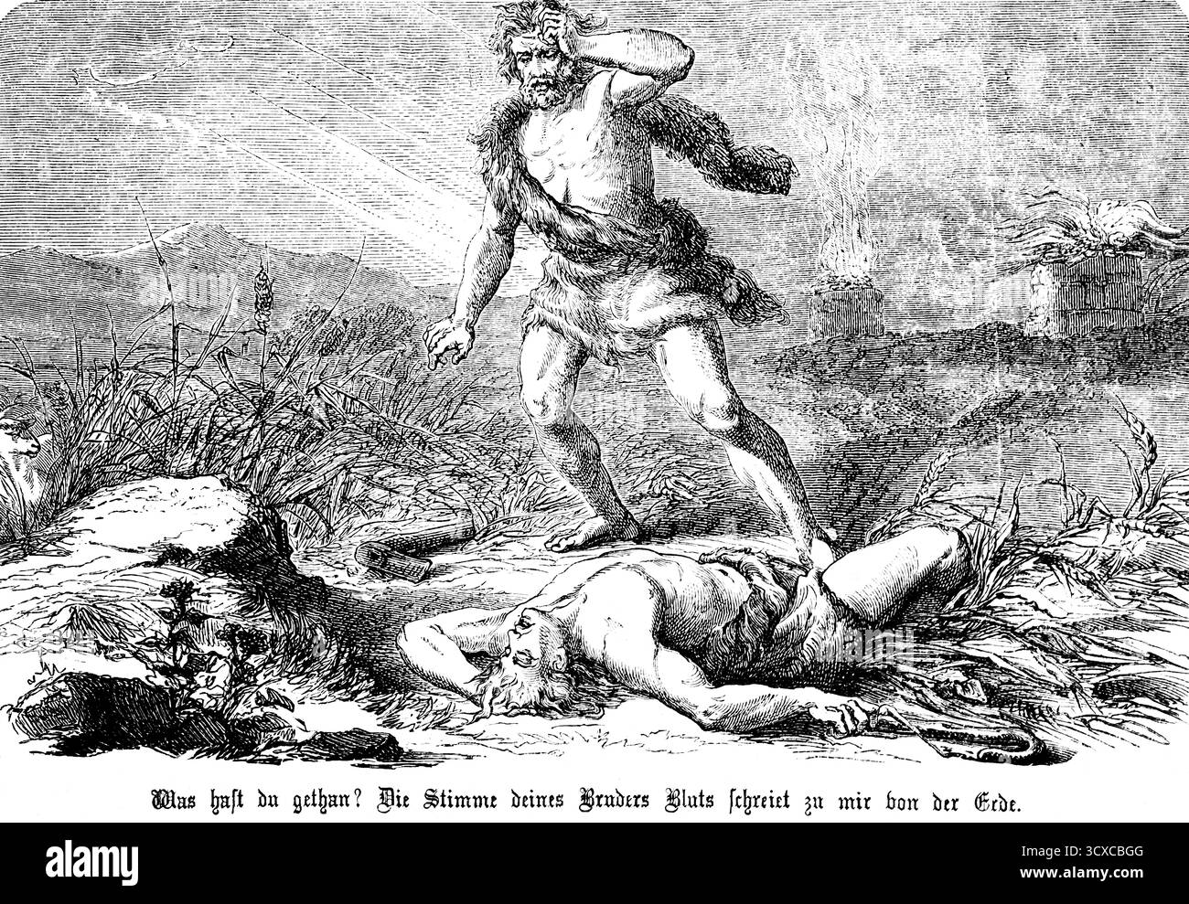 1. Buch der Genesis, Kapitel 4, Genesis, Kain der Landmann schlägt seinen Bruder Abel, den Hirten, zu Tode, Schrecken, Mord, Altes Testament, Bibel, h Stockfoto
