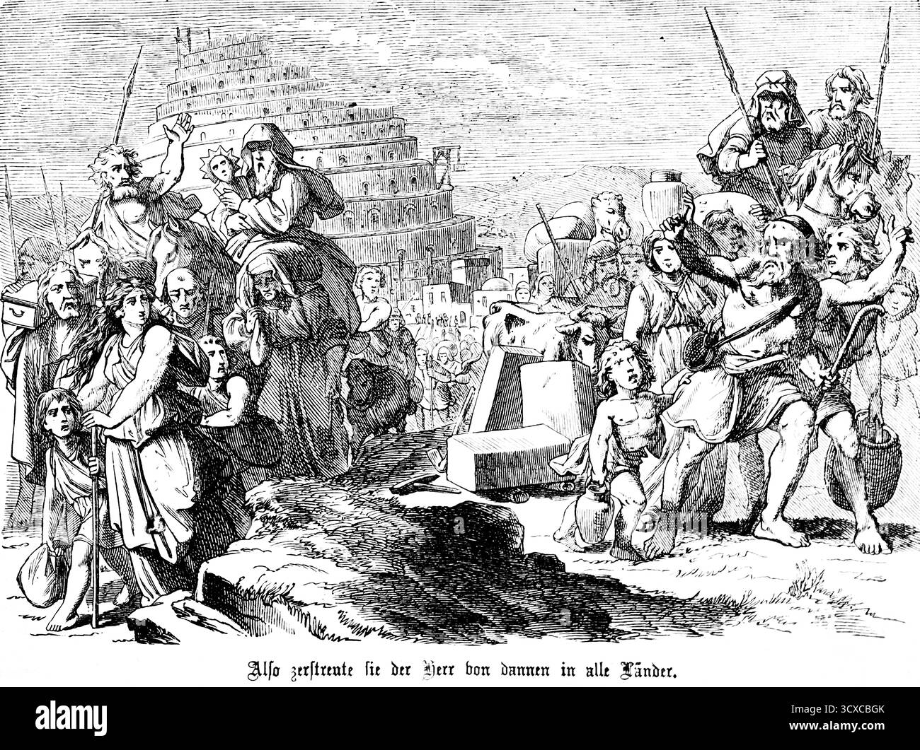 Erstes Buch Moses, Kapitel 11, Genesis, Turm von Babel, Gott treibt die Bauherren in alle Länder und gibt ihnen verschiedene Sprachen, Angst, Flucht Stockfoto