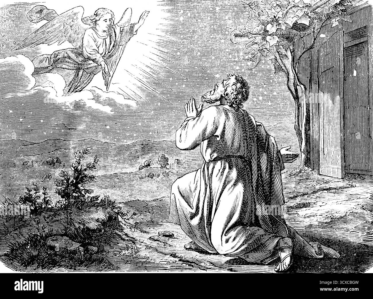 1. Buch Genesis, Kapitel 15, Genesis, Gott spricht zu Abraham, um die Sterne am Himmel zu zählen, Berglandschaft, Holzhütte, Altes Testament, Bib Stockfoto