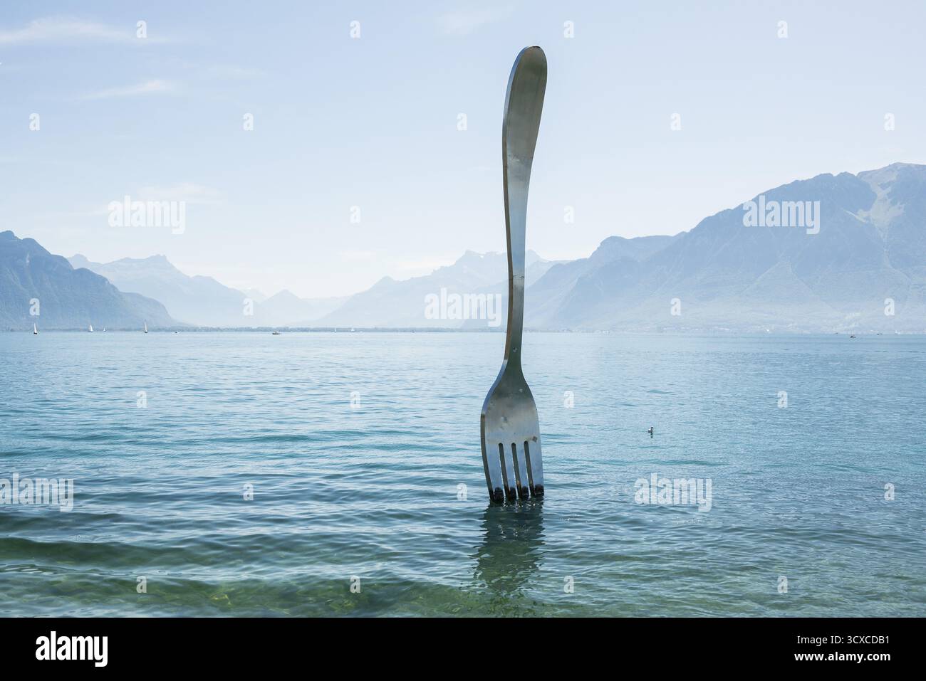 La Fourchette, die Gabel, Skulptur von Jean-Pierre Zaugg, Vevey, Genfersee, Lac Leman, Kanton Waadt, Schweiz Stockfoto