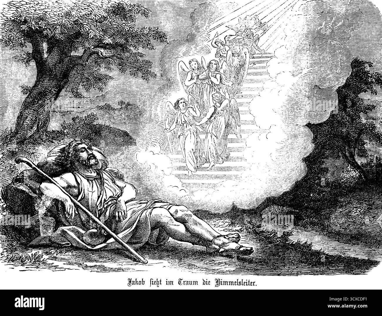 Auf der Reise nach Mesopotamien ruht Jakob und sieht die Leiter zum Himmel in einem Traum, Natur, Felsen, Baum, Wanderstock, lügen, Treppe zum Himmel, ang Stockfoto
