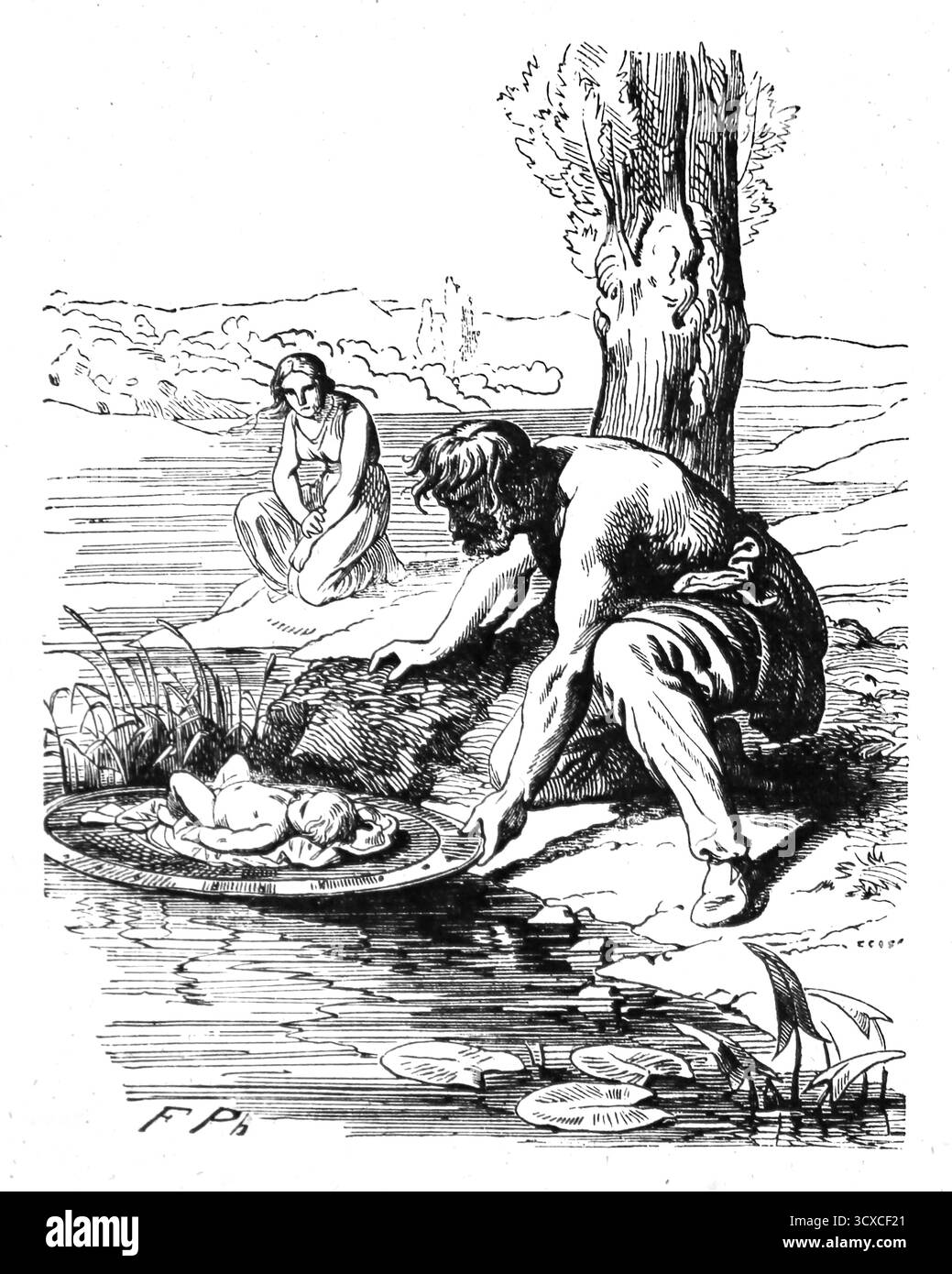 Antike. Gallier legt ein Baby auf einen Schild, der auf dem Wasser schwimmt. Keltisches Ritual, bekannt als Expositio. Testen Sie die Legitimität von Kindern. Stich, 19. Jahrhundert. Stockfoto