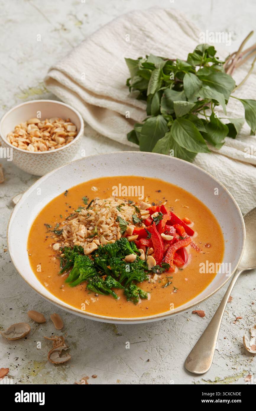 Thailändische Reissuppe mit Curry Stockfoto