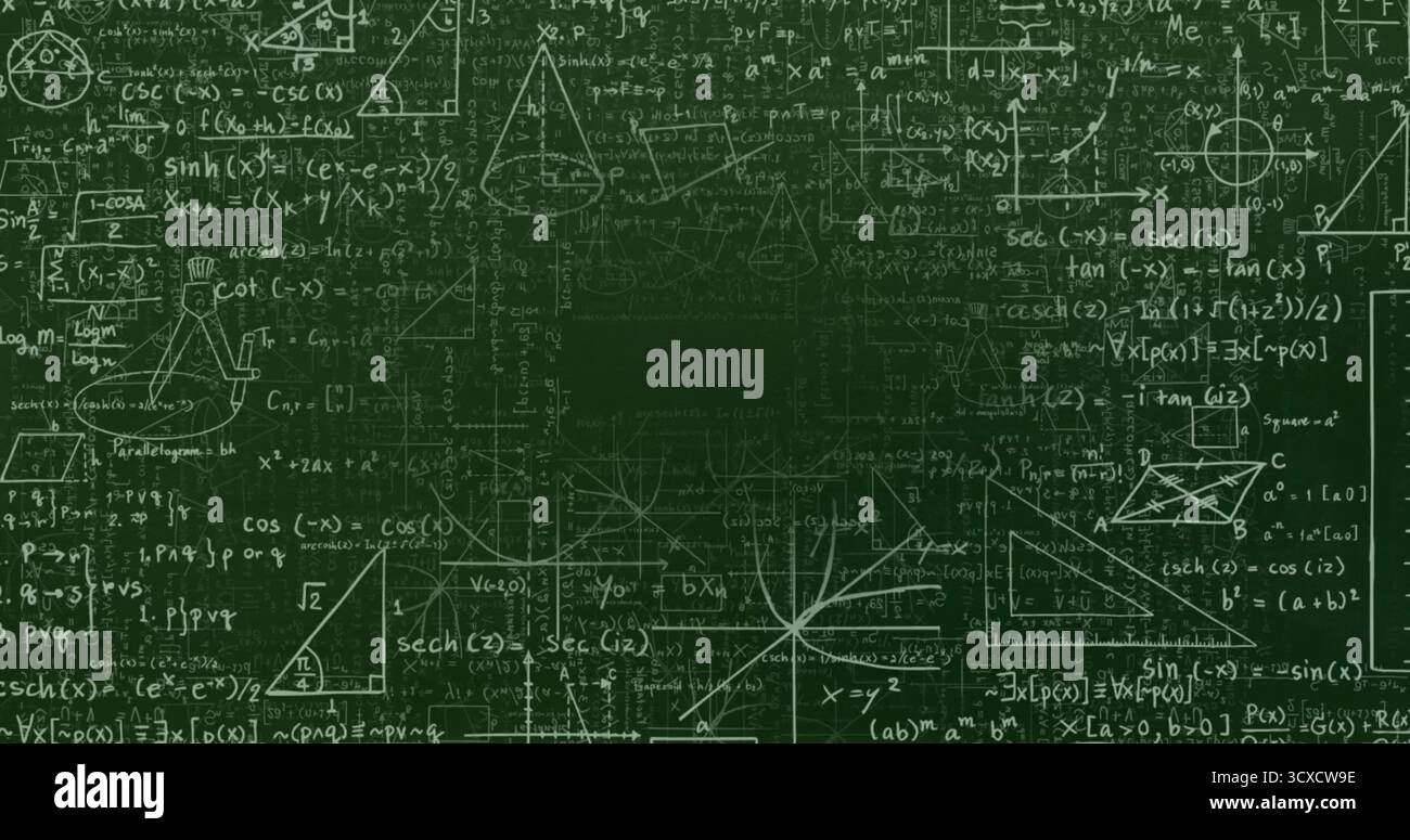 Anzeige eines Schwarzen Bretts mit Integralen, trigonometrischen Diagrammen und Kreidemarkierungen im Unterricht Stockfoto