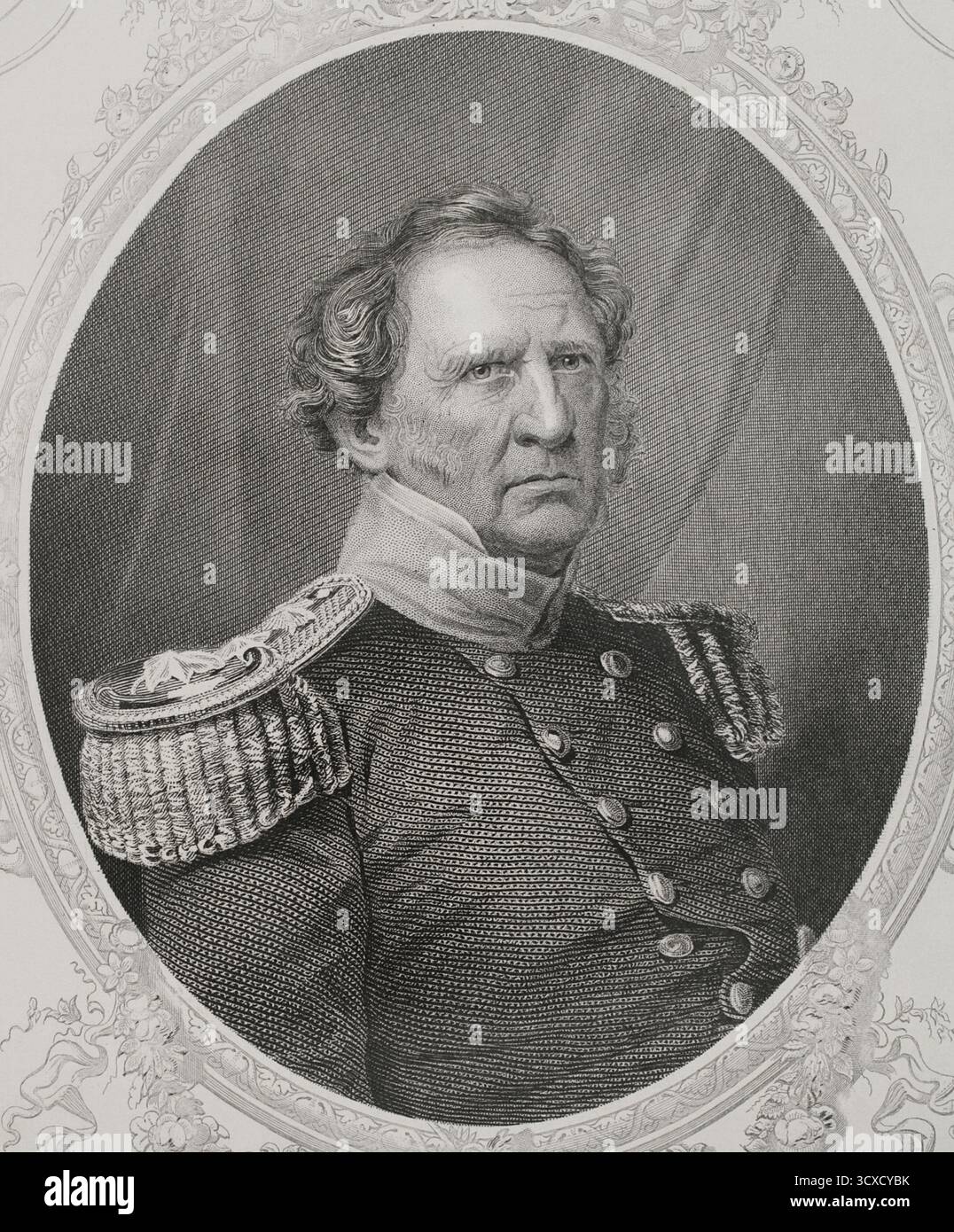 Winfield Scott (1786-1866). Befehlshaber der US-Armee (1841–1861) und Präsidentschaftskandidat bei den Wahlen 1852. Obwohl er die Wahl gegen den Demokraten Franklin Pierce verlor, wurde er zum Generalleutnant befördert. Hochformat. Kupferstich von Charles Holl (1820-1882) nach einem Daguerrotype von Mathew Brady (1822-1896). Geschichte der Vereinigten Staaten von Amerika, von J. A. Spencer. Band III. Ausgabe in Barcelona, 1873. Stockfoto