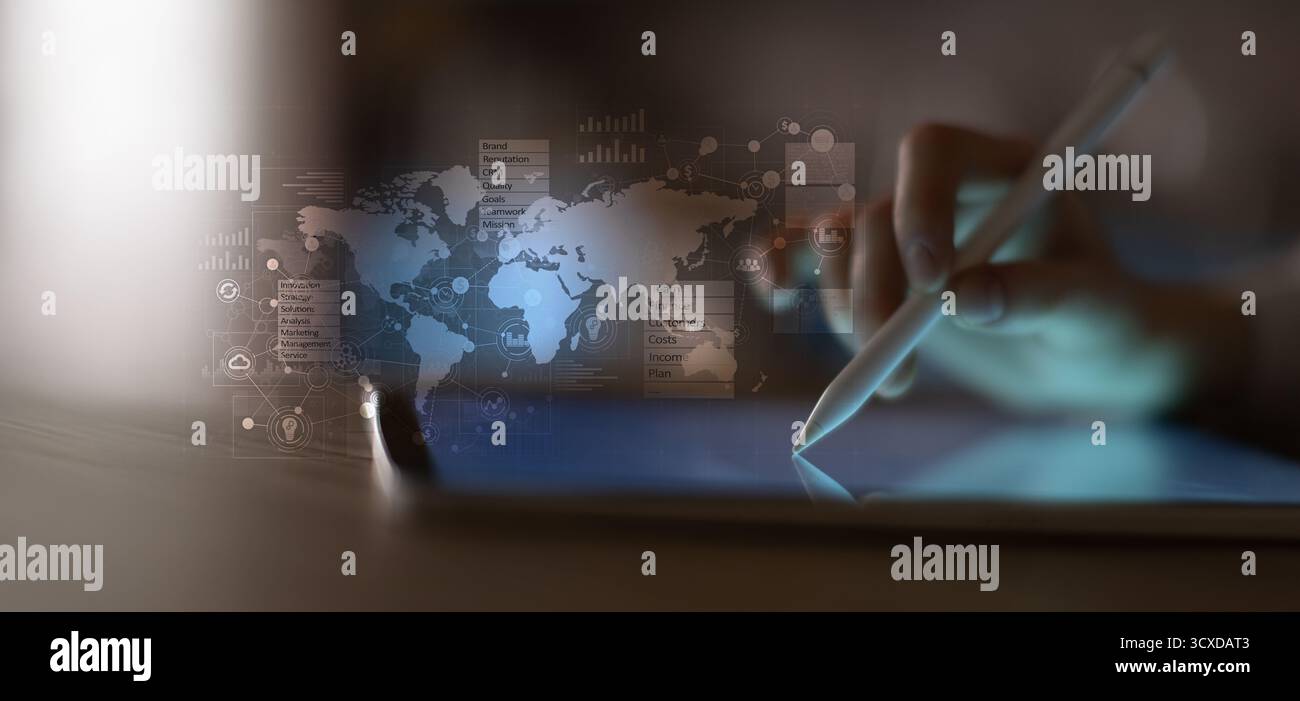 Globale Geschäftsstrategie und Visualisierung von Datenanalysen. Stockfoto