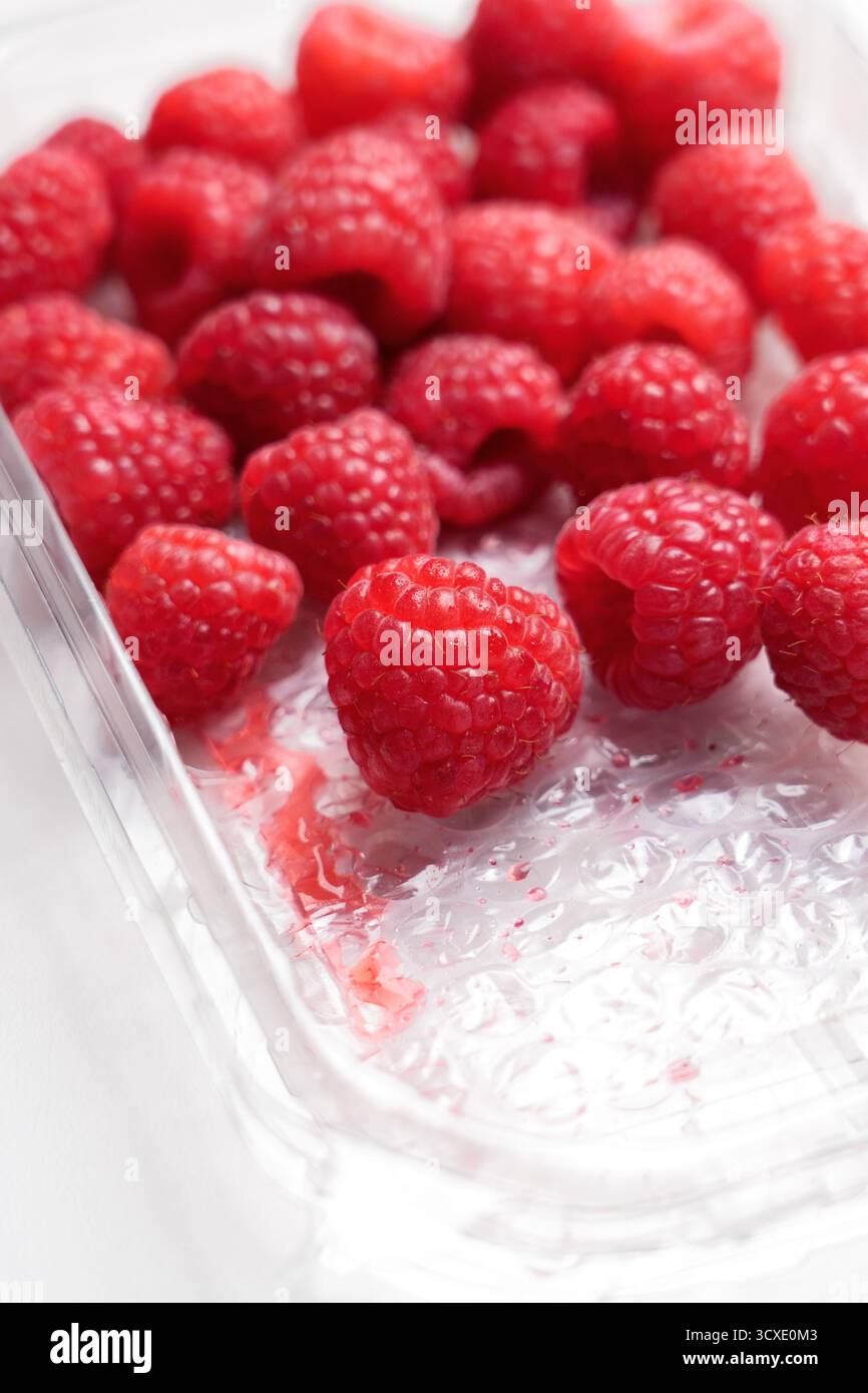 Himbeeren in offener Kunststoffverpackung auf weißer Oberfläche Stockfoto