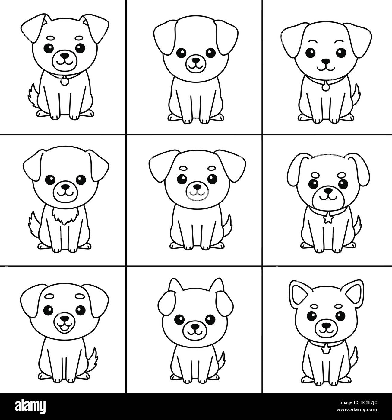 Ein Raster aus neun Zeichentrickhunden in schwarz-weißer Umrissform, die nach vorne mit verschiedenen Ohrformen sitzen Stock Vektor