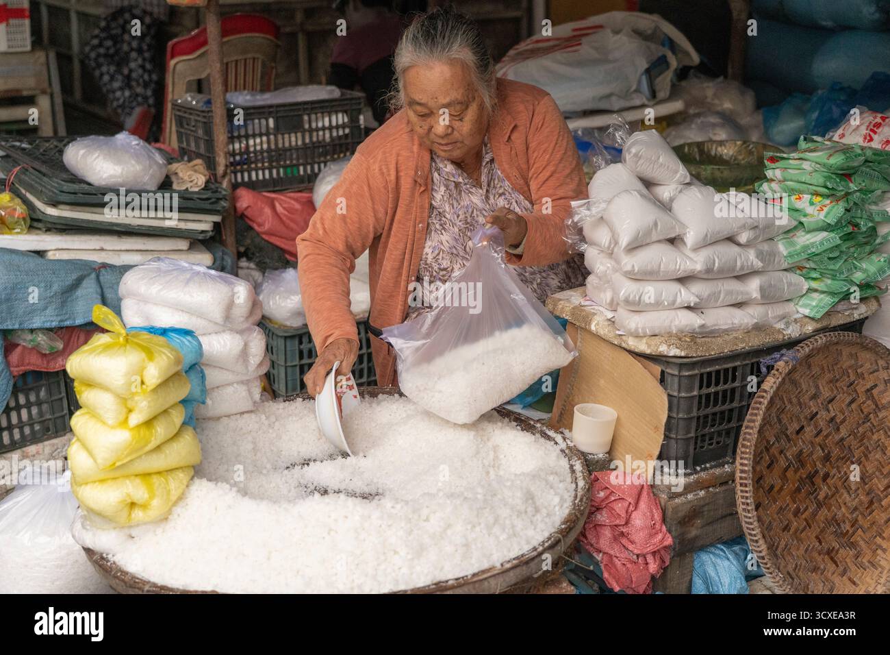 Frau, die Salz auf einem traditionellen Lebensmittelmarkt in Hoi an, Vietnam verkauft Stockfoto