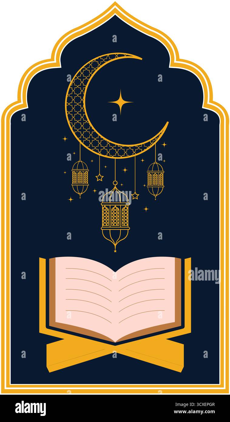 Feiern Sie Ramadan und Eid mit diesem wunderschönen islamischen Kunstwerk. Mit einem Halbmond, dekorativen Laternen und einem offenen heiligen Buch verkörpert es den Stock Vektor
