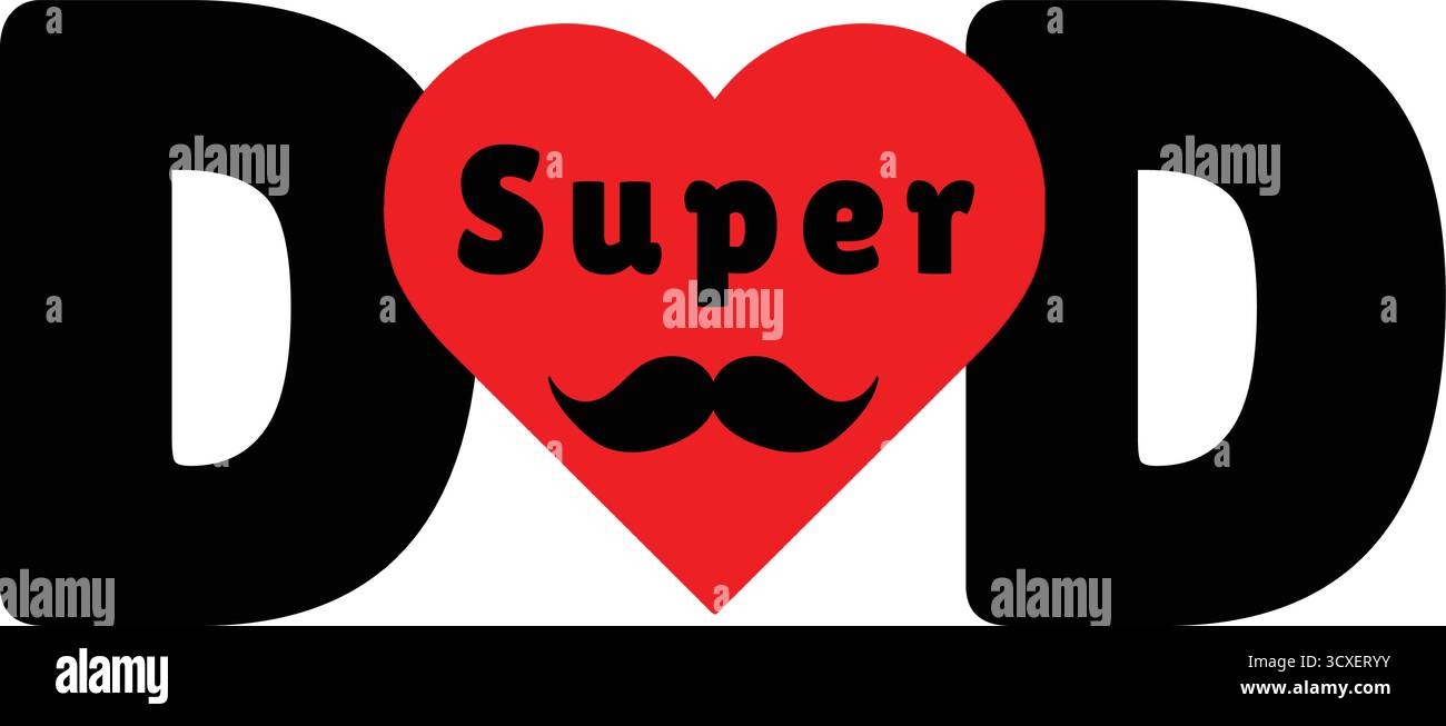 Feiern Sie den Vatertag mit dieser bezaubernden „Super Dad“-Grafik. Eine auffällige Schriftart spricht „DAD“ mit einem leuchtend roten Herz, mit Schnurrbart und dem Wort Stock Vektor