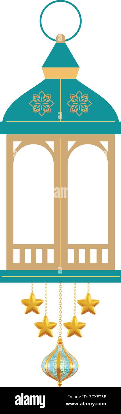 Eine wunderschön detailreiche Laterne im islamischen Eid mit komplizierten Mustern und hängenden Ornamenten. Perfekt für Ramadan- und Eid-Dekorationen, die einen Hauch hinzufügen Stock Vektor