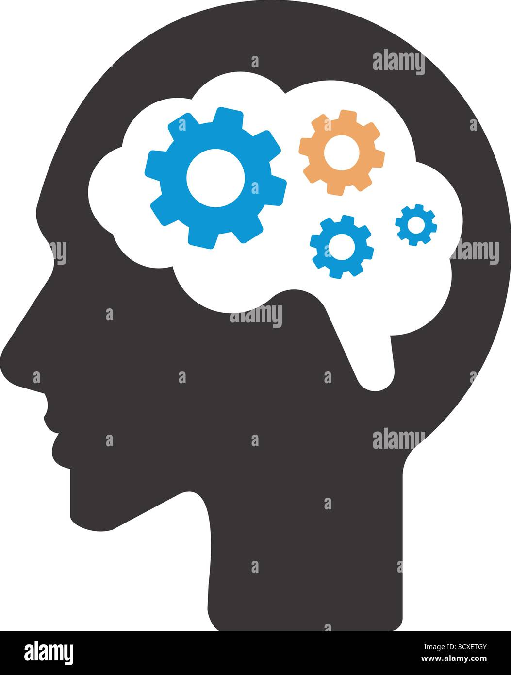 Menschlicher Kopf mit Zahnrädern menschlicher Kopf mit Zahnrädern Symbol. Flaches Farbdesign. Vektorabbildung. Stock Vektor