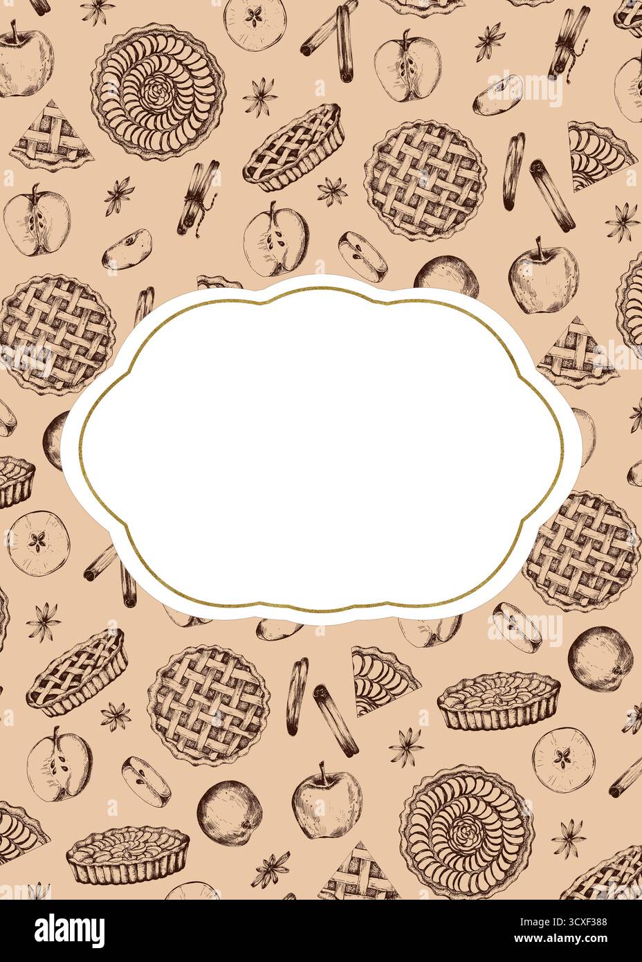 Vorgefertigtes Kartendesign im Backwarenstil mit grafischer Tinte gezeichnete Apfelkuchen, Äpfel, Zimt, Vanille und Anis auf beigefarbenem Hintergrund. Food Clipart. Strichgrafik. Stockfoto
