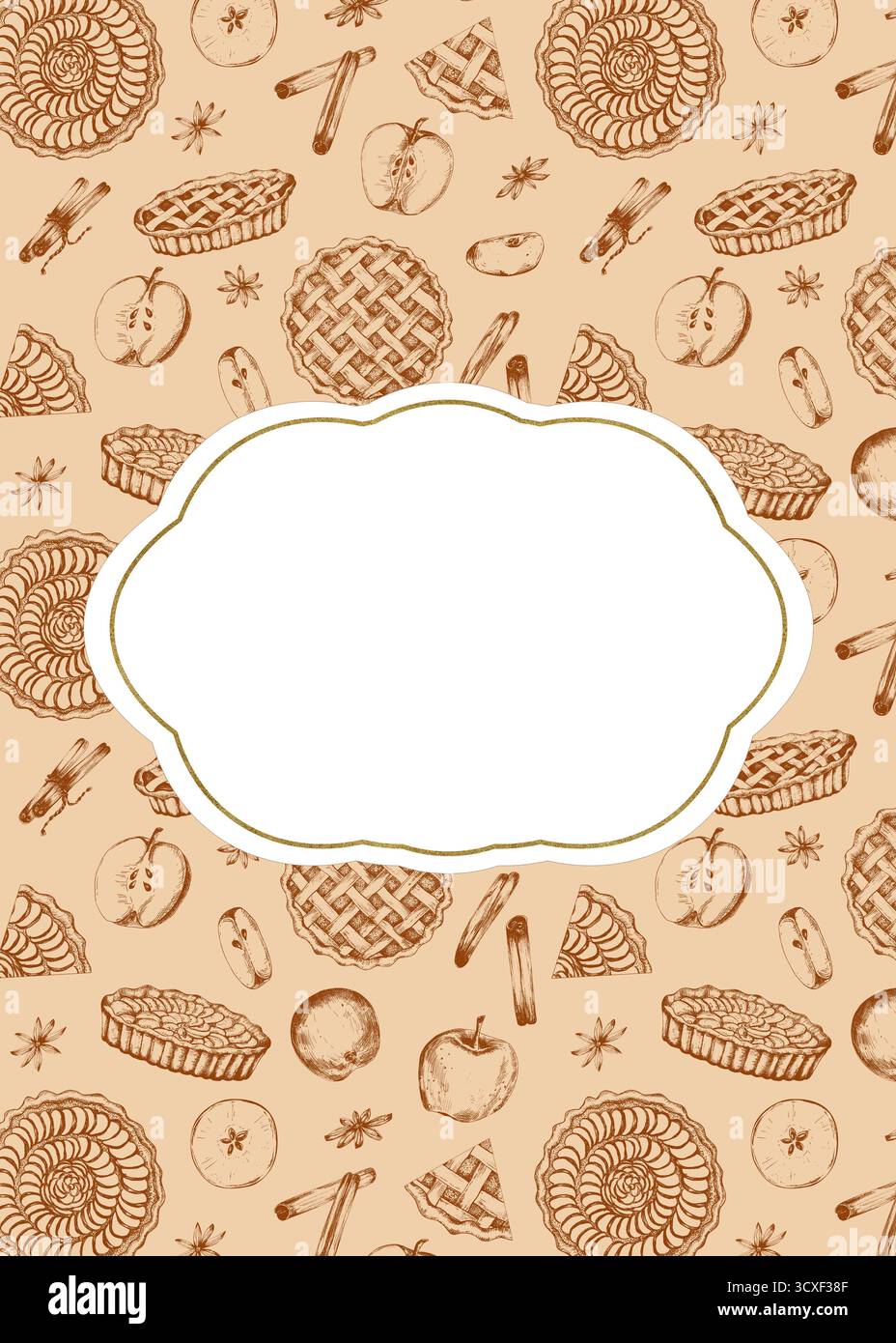 Vorgefertigtes Kartendesign mit grafischen Apfelkuchen, Äpfeln, Zimt, Vanille und Anis auf beigefarbenem Hintergrund. Bäckerei Essen Clipart. Strichgrafik. Handgezeichnete illus Stockfoto