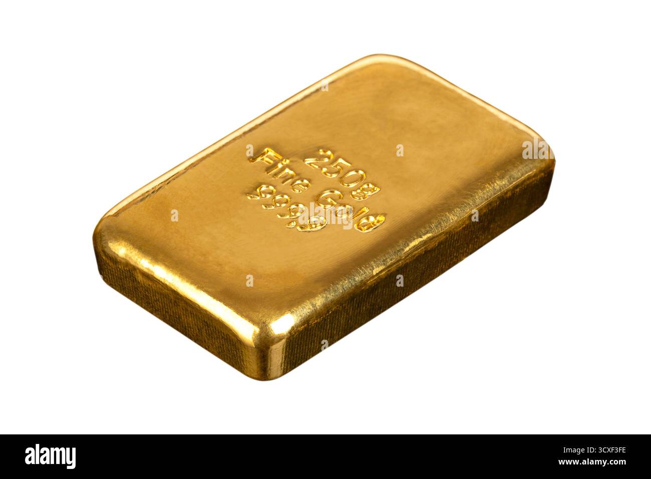 Goldbarren, Seitenansicht, isoliert, über weiß. Gegossener Goldbarren, geprägt mit Feingold, von 250 Gramm Gewicht, etwa 8 Unzen Metall und von 999,9 Reinheit. Stockfoto