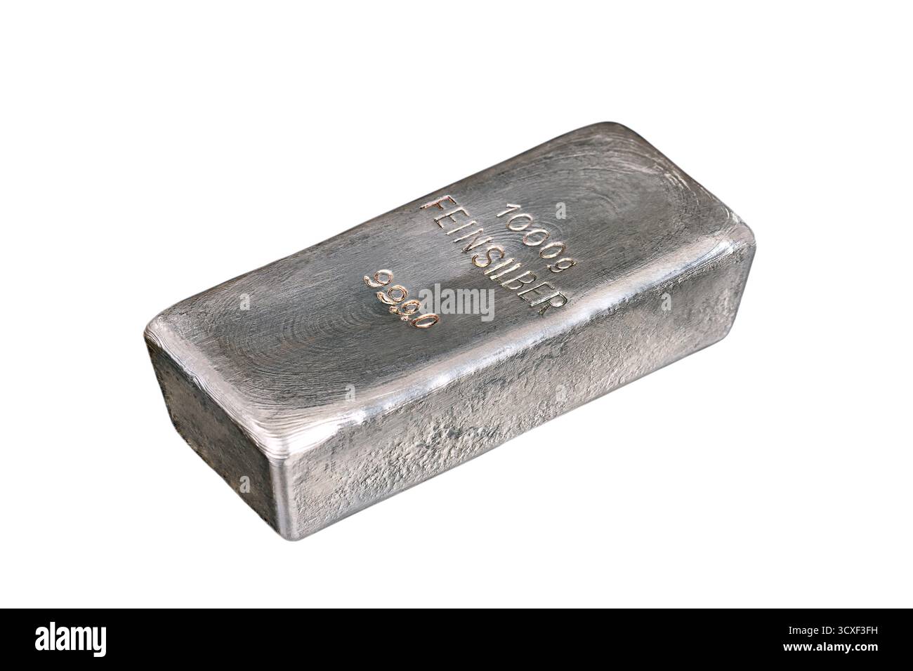 Silberne Bar, Seitenansicht, isoliert, über weiß. Gegossener Silberbarren, eingeprägt mit deutschem Wort für feines Silber, von 1000 Gramm Gewicht. Stockfoto