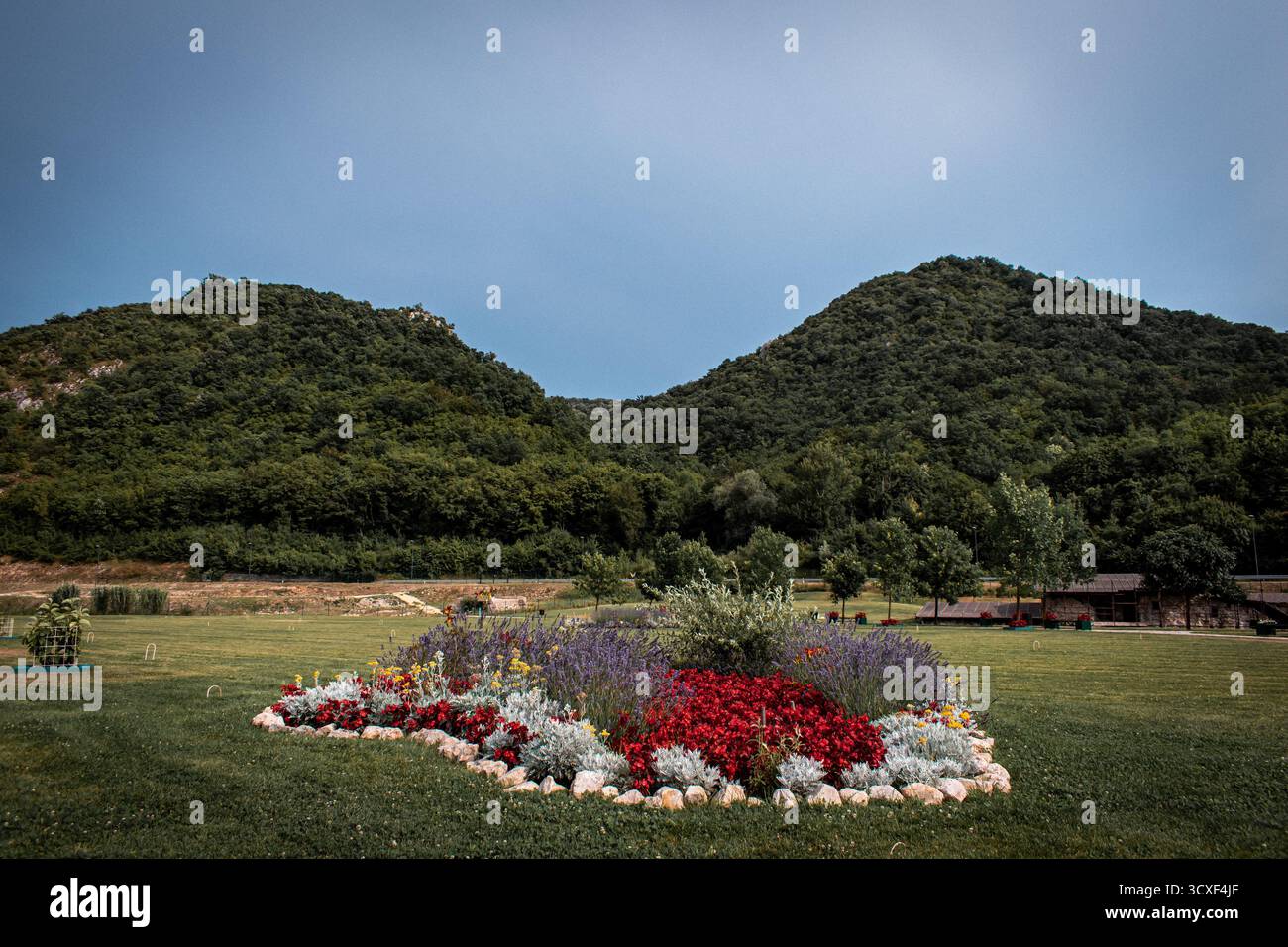 Ein wunderschönes Blumenbeet in einer gepflegten Gegend, umgeben von grünen Hügeln, die mit dichtem Wald bedeckt sind. Stockfoto