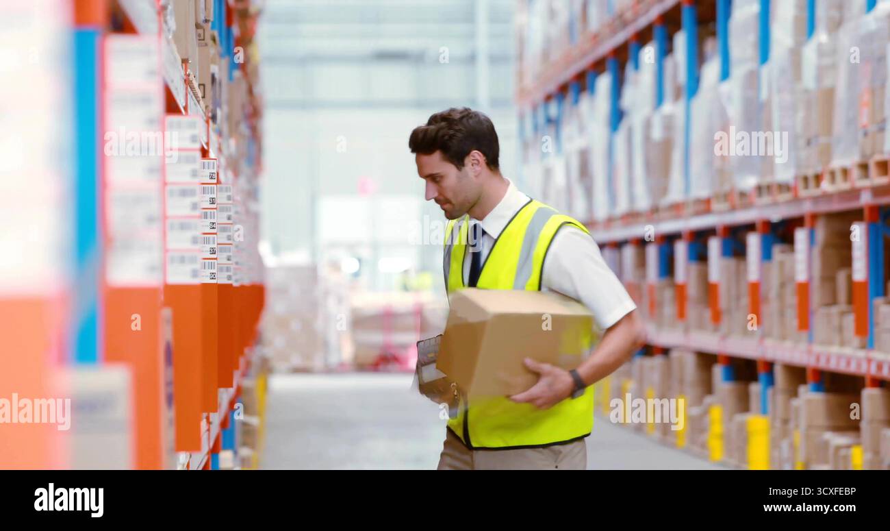 Arbeiter in Sicherheitsweste, der den Karton im Gang des Lagers mit Regalen und Strichcode-Etiketten organisiert Stockfoto