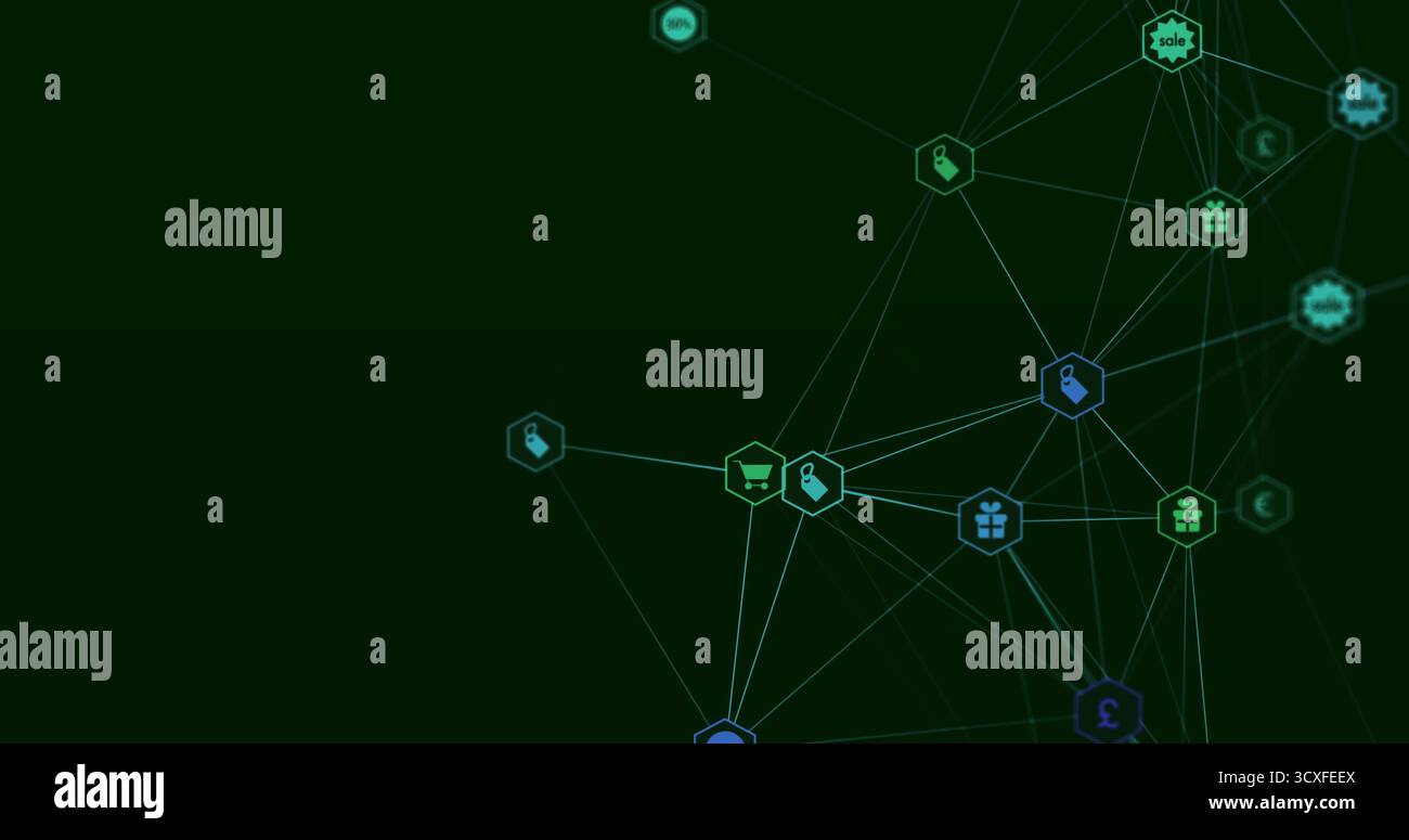 Anzeige von Cluster-Sechsecksymbolen, die E-Commerce-Knoten auf dunkelgrünem Hintergrund verbinden, Kopierraum Stockfoto