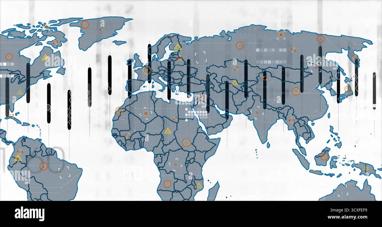 Anzeigen der Weltkarte mit Daten auf der Schnittstelle, Balkendiagrammen, Begrenzungen, Dreiecken und orangefarbenen Markierungen Stockfoto