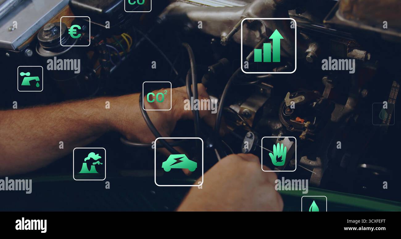 Reparatur von Mechanikerhänden bei der Inspektion von Motorkabeln in der Werkstatt mit CO2-, Euro- und Blattsymbolen Stockfoto