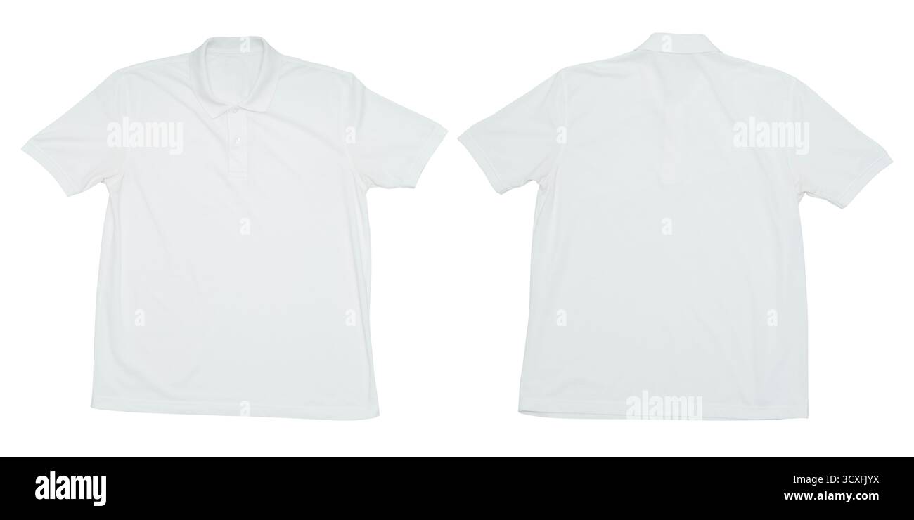 Einfarbiges weißes Poloshirt mit Vorder- und Rückseite auf weißem Hintergrund. Clean Dress Mockup für Branding, einheitliches Design oder Produktpräsentation, i Stockfoto
