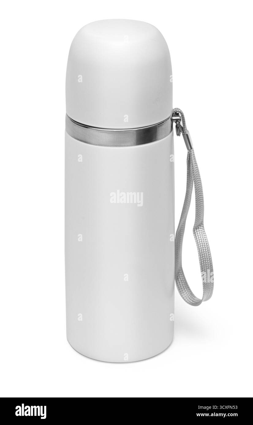 Weißer isolierter Vakuumkolben mit Riemen, ideal für den Transport heißer oder kalter Getränke Stockfoto